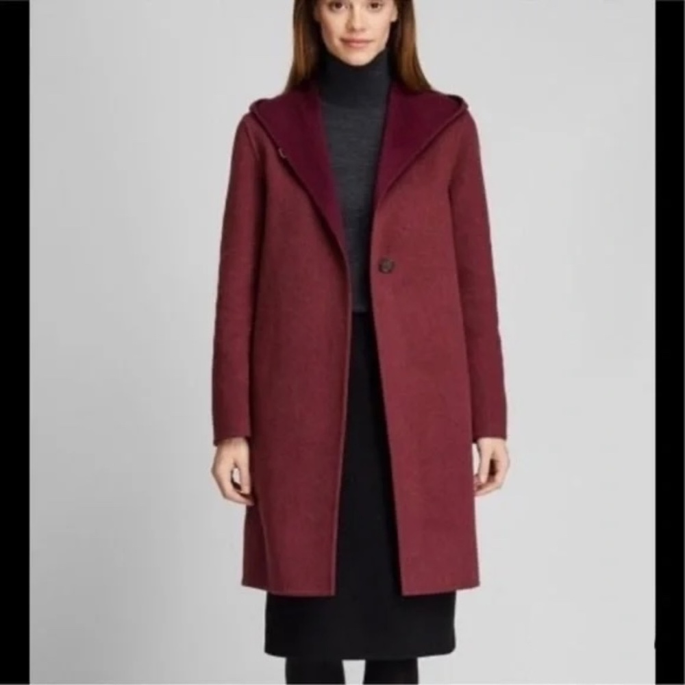 Uniqlo double faced wool blend coat with hood - maroon - oversized XS